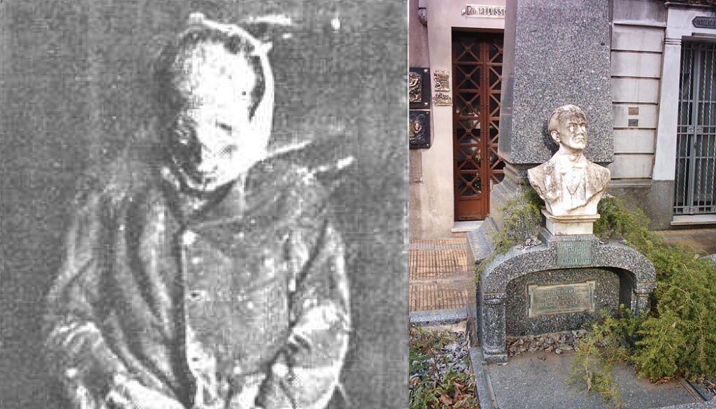 La “momia que echaba luces” y el sepulcro de Matías Behety en el cementerio platense. (Caras y Caretas / DIB)