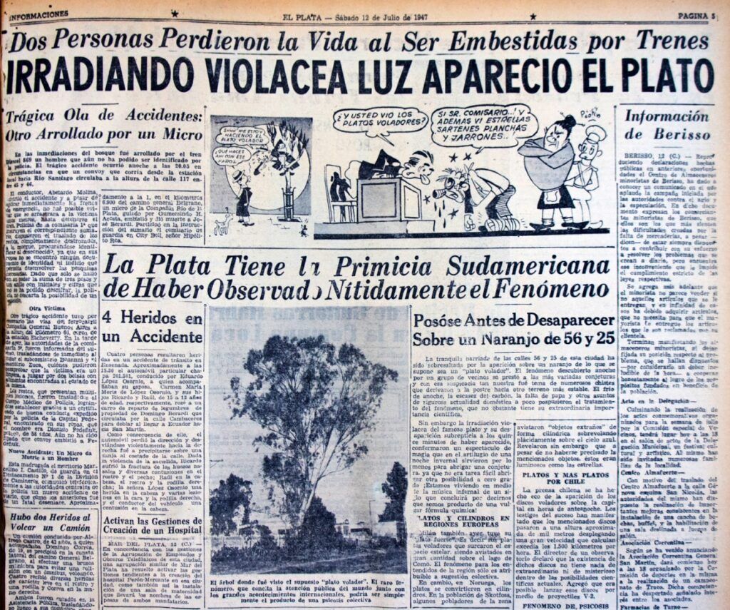 El desembarco de platos voladores en el país reflejado en un diario de la ciudad de La Plata. (DIB / Archivo del autor)