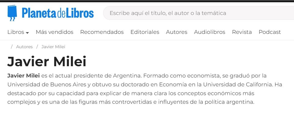 La versión de la biografía de Javier Milei que aparecía hasta hace unos días en la web española de Planeta. (archive.org)