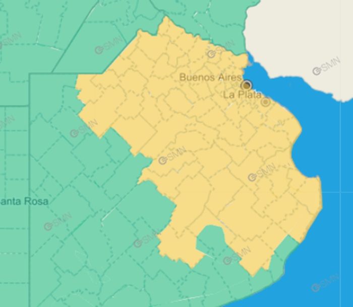 El &aacute;rea que sigue bajo alerta por lluvias en la provincia de Buenos Aires. (SMN)