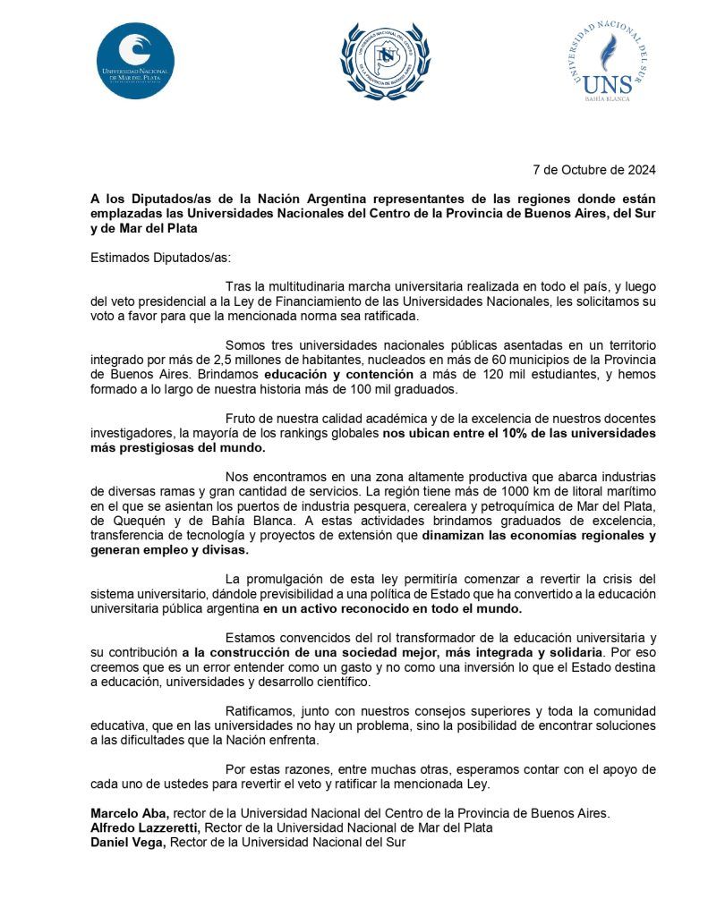 Las universidades de Mar del Plata, del Sur y del Centro, contra el veto presidencial.