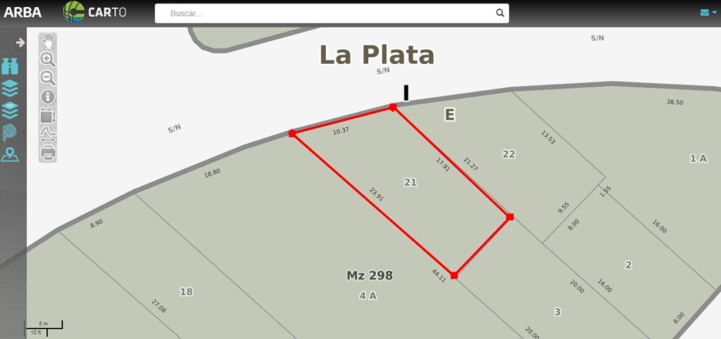 El lote de Pedro Curutchet con las medidas actuales según la web de ARBA.