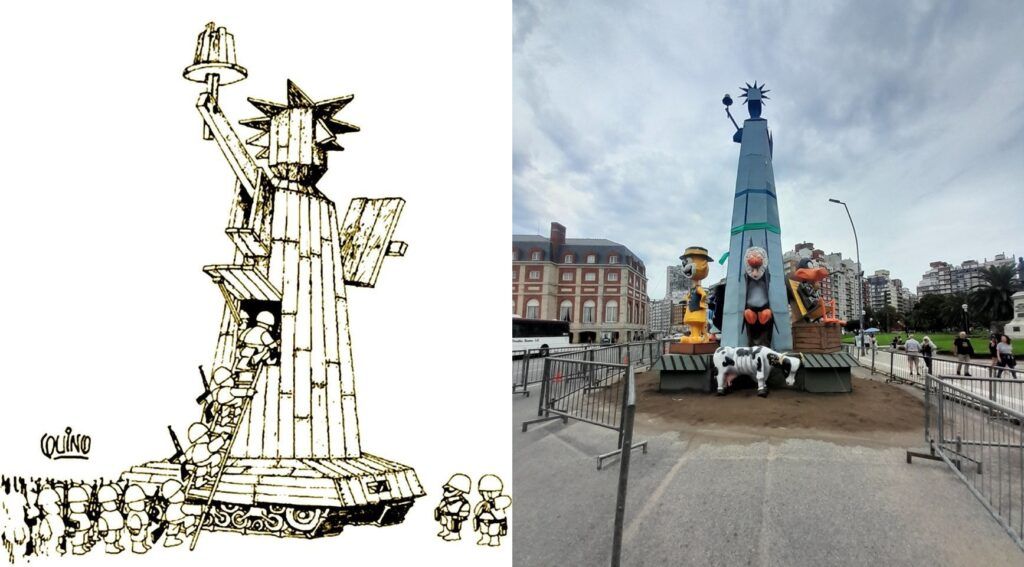 La ilustraci&oacute;n de Quino y el monumento que arder&aacute; este fin de semana en Mar del Plata. (Facebook | Marcelo Di Tieri)