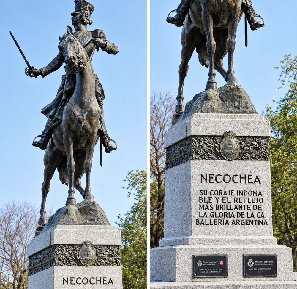 Su coraje indomable ve el reflejo más brillante de la gloria de la Caballería Argentina, expresa el pie del monumento a Mariano Necochea creado por el escultor Víctor Garino.&nbsp;