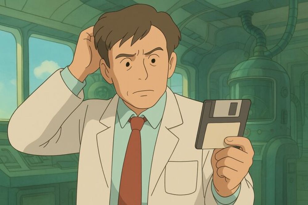 Un científico del futuro, atónito frente a un disquete. (ChatGPT)