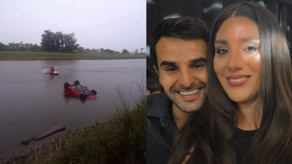 El auto en el Río Quequén y una selfie de Cerfoglio y Vera, antes del brutal desenlace.