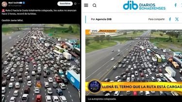 A la izquierda, la foto de la Ruta 2 colapsada que reposteó Daniel Scioli. A la derecha, la imagen que acompañó la nota de DIB de marzo de 2024.&nbsp;