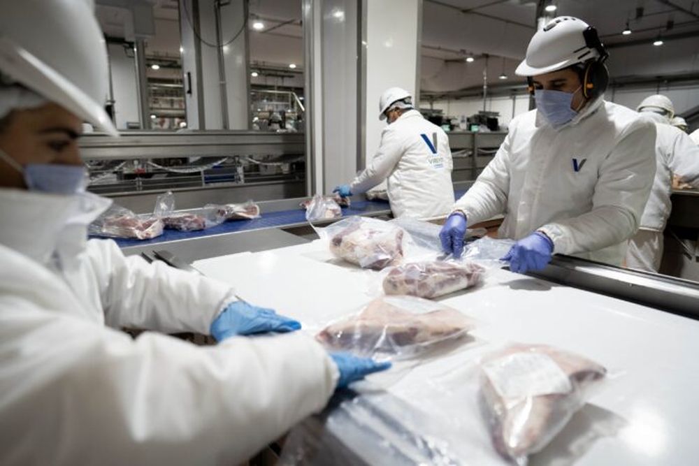 Trabajadores envasando al vacío piezas de carne. (Xinhua/Martín Zabala)