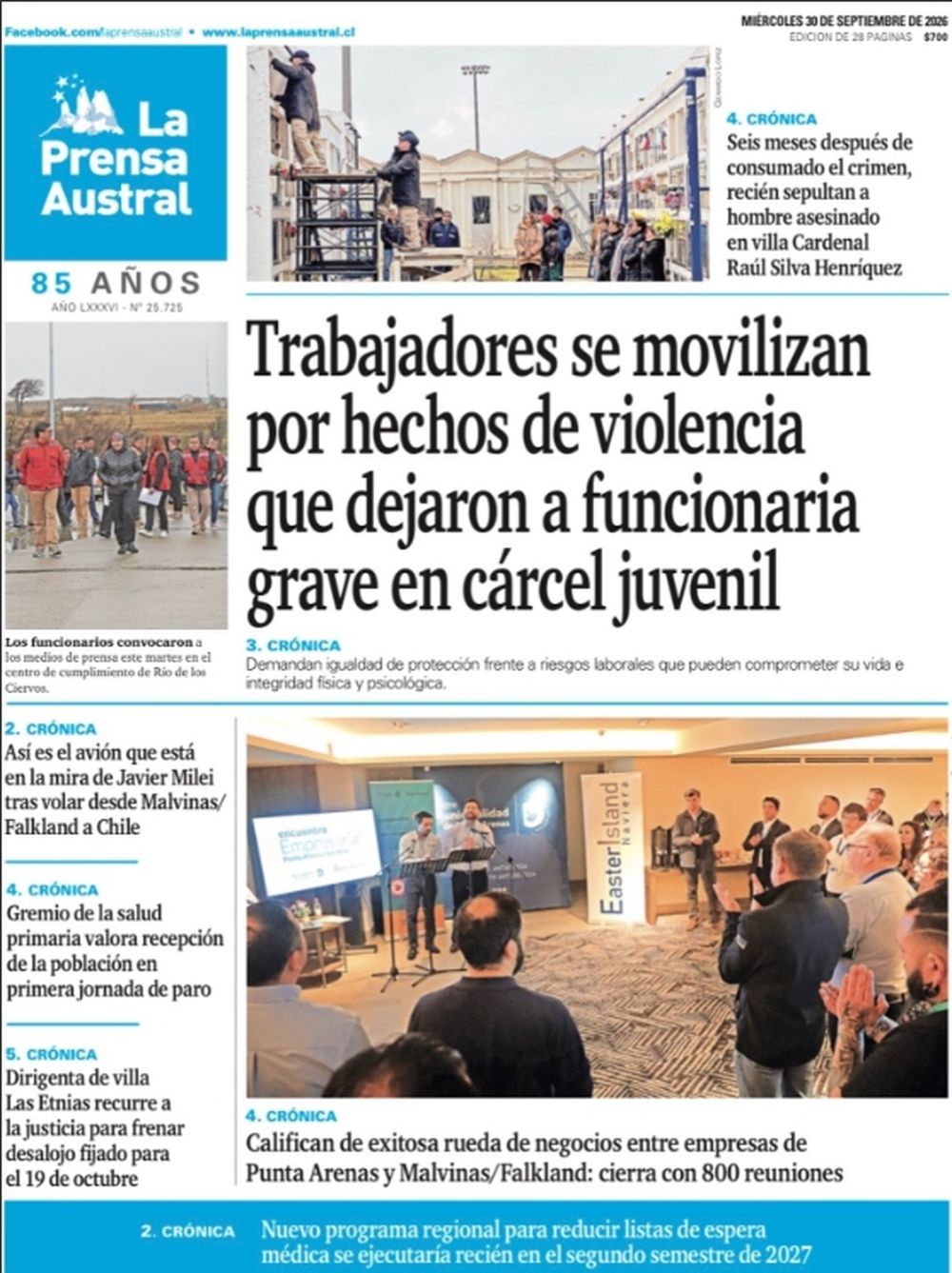 La portada de La Prensa Austral tiene como tema principal la ronda de negocios entre empresarios de Punta Arenas y de "Malvinas/Falkland".