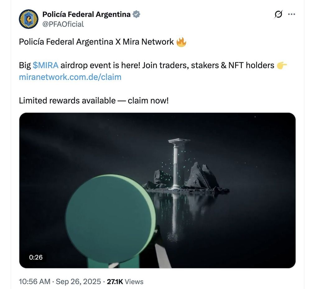 Uno de los posteos que se realizaron durante el hackeo de la cuenta en X de la Policía Federal Argentina.
