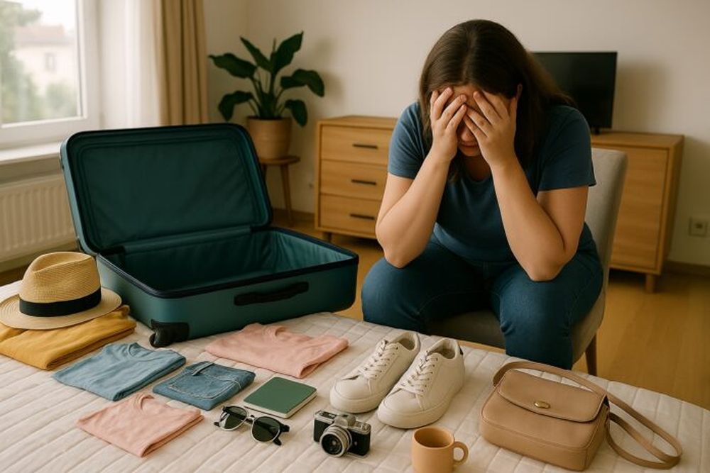 Una viajera frente a una valija vacía.