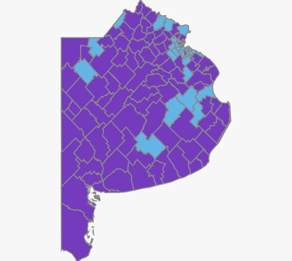 El mapa de la Provincia, pintado de violeta.&nbsp;