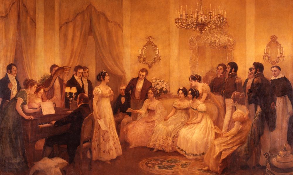 El artista chileno Pedro Subercaseaux pintó en 1909 la escena del estreno del Himno Nacional en casa de Mariquita Sánchez de Thompson.