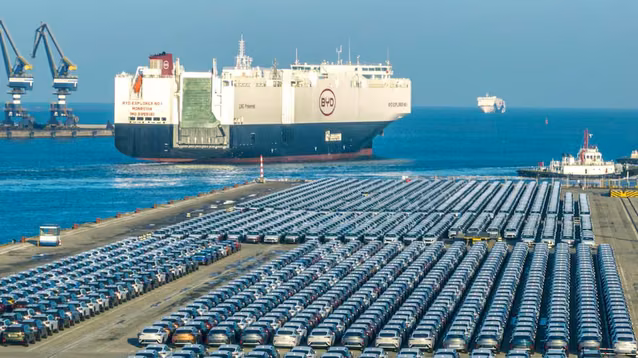 El buque de BYD&nbsp; bajó autos de la marca en el puerto de Zárate.