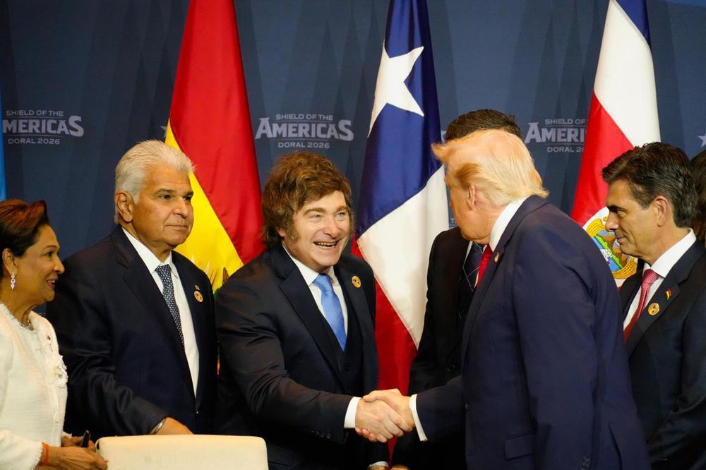Milei y Trump en el lanzamiento del Escudo de las Américas.&nbsp;