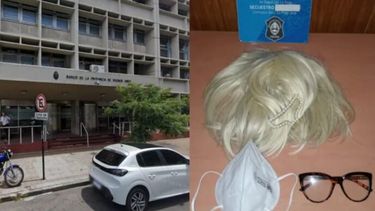 La peluca, los anteojos y el barbijo que intentó usar la mujer para realizar una estafa.