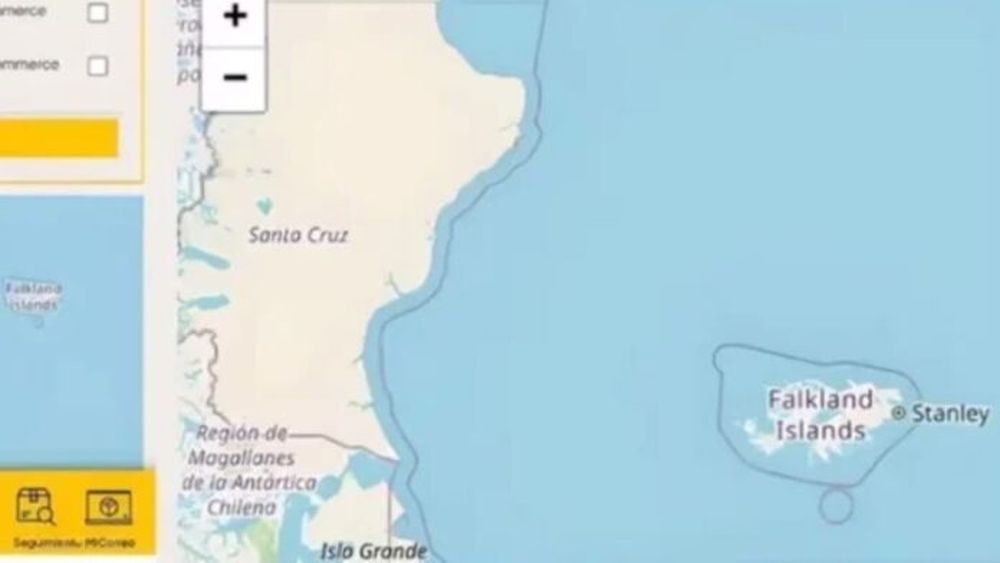 Las Islas Malvinas en el mapa publicado por Correo Argentino. - Captura de pantalla -