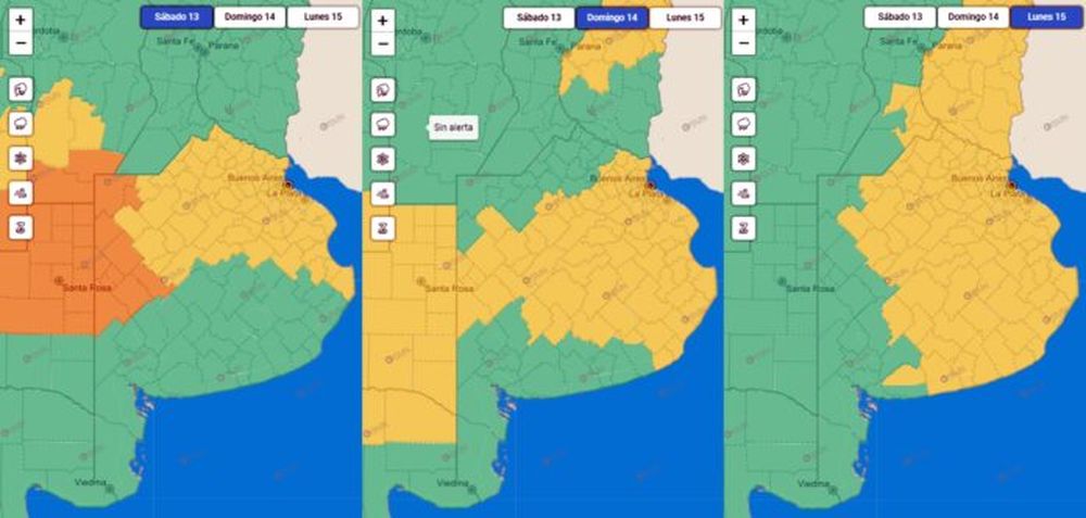 La evolución de las alertas del Servicio Meteorológico Nacional muestra el desplazamiento de la ciclogénesis. (SMN)