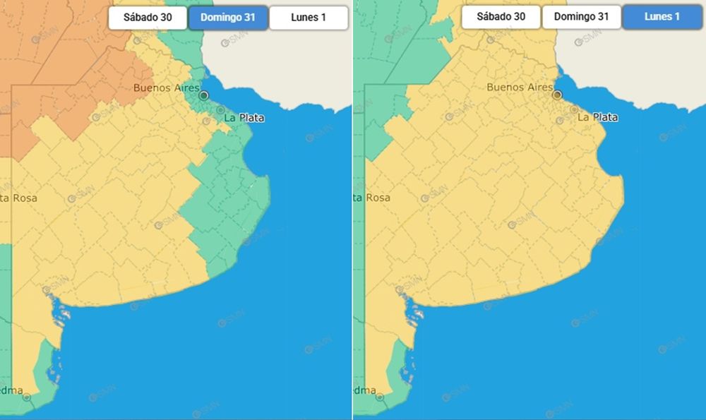 Las alertas del SMN en la provincia de Buenos Aires para el domingo 31 de agosto y el lunes 1º de septiembre.