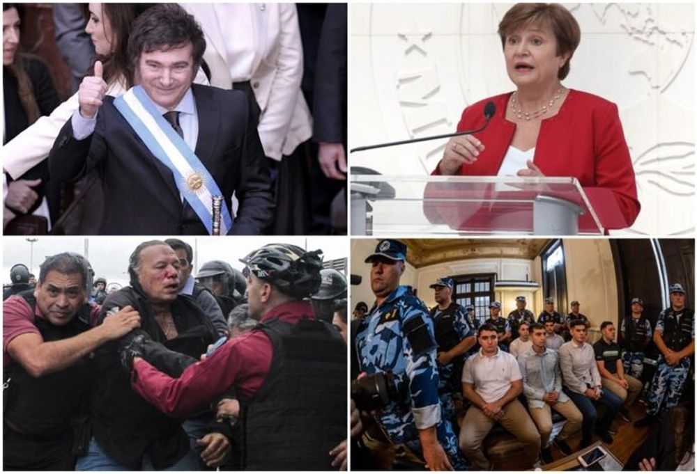 El presidente Javier Milei; la titular del FMI, Kristalina Georgieva; el exministro de Seguridad bonaerense, Sergio Berni; el juicio a los rugbiers por el crimen de Fernando Báez Sosa. (Archivo)