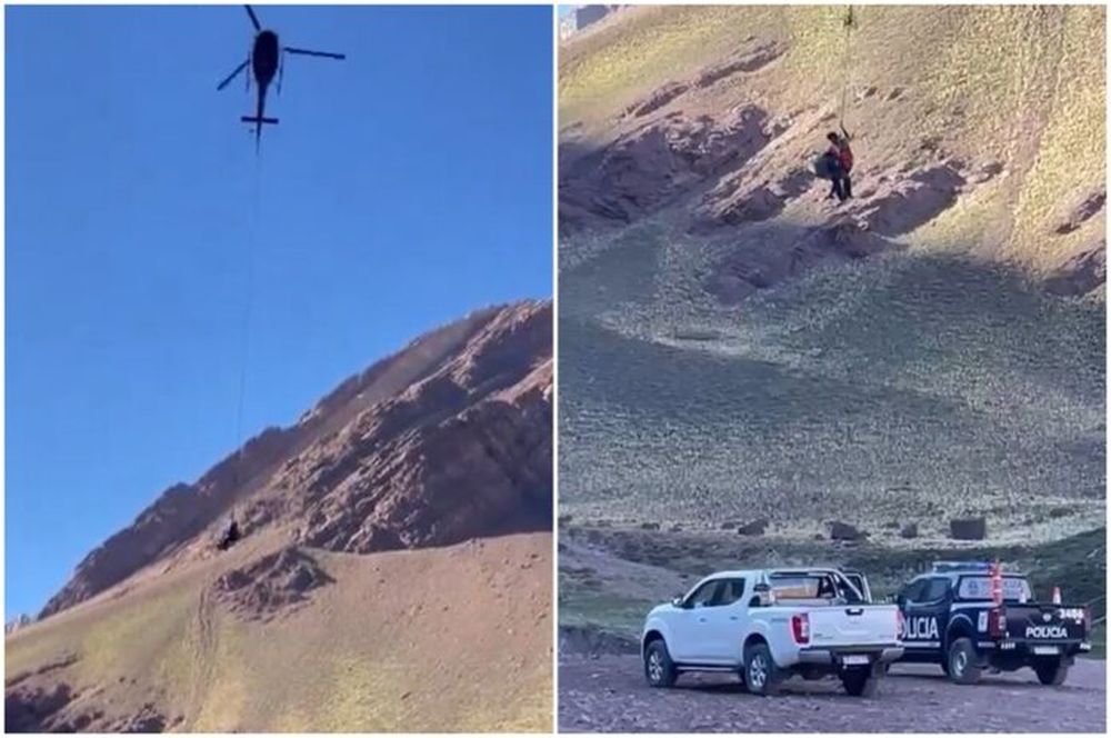 Una vez divisados en la montaña, desde el helicóptero se realizó una maniobra  denominada carga humana, que consiste en enganchar a las víctimas a través de una eslinga de unos 30 metros. (Capturas de video)