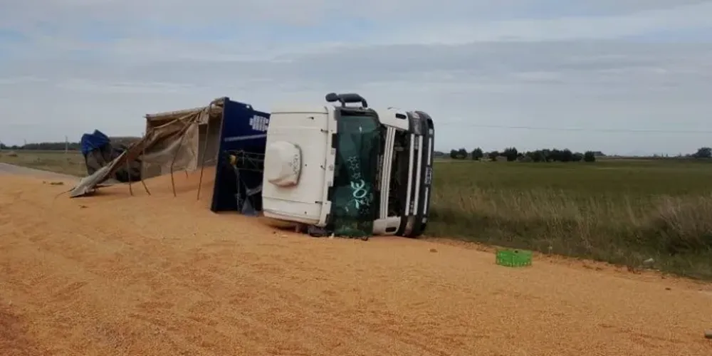El camión volcado cerca de Coronel Suárez, sobre la ruta 85.