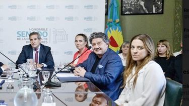 Los senadores Sergio Vargas (izq.), Carlos Kikuchi (centro) y Silvana Ventura (der.). (X/@LLA_SenadoBA)