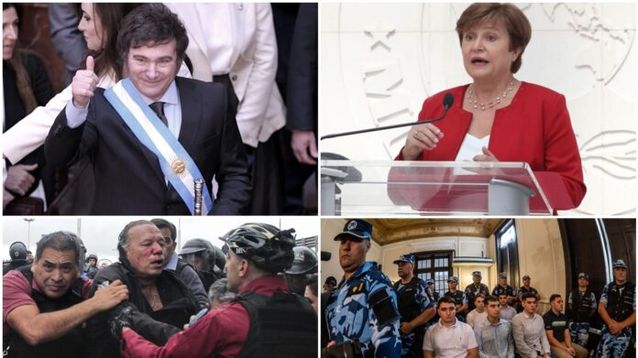 El presidente Javier Milei; la titular del FMI, Kristalina Georgieva; el exministro de Seguridad bonaerense, Sergio Berni; el juicio a los rugbiers por el crimen de Fernando Báez Sosa. (Archivo)