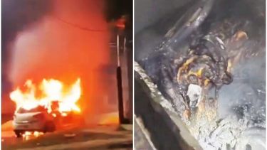 Imagen del auto prendido fuego y de su interior, donde fueron encontrados dos cuerpos calcinados. (X/captura de video)