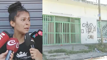 María José, madre de la niña atacada, hizo declaraciones sobre el caso. A la derecha, el comercio cerrado y vandalizado.&nbsp;