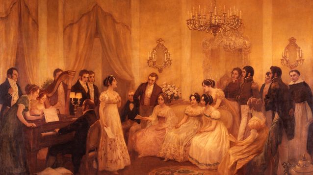 El artista chileno Pedro Subercaseaux pintó en 1909 la escena del estreno del Himno Nacional en casa de Mariquita Sánchez de Thompson.