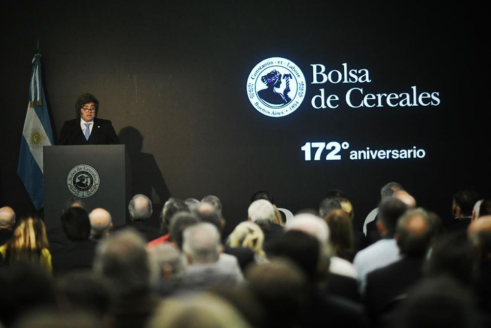 El Presidente Javier Milei en la Bolsa de Cereales.&nbsp;