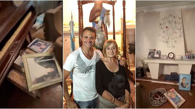 El periodista Sergio Lapegüe con su madre Elba, y dos capturas de video de cómo quedó la casa tras el violento asalto que sufrió la mujer.&nbsp;