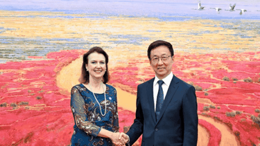Diana Mondino reunida días atrás con el vicepresidente chino, Han Zheng. (Xinhua)