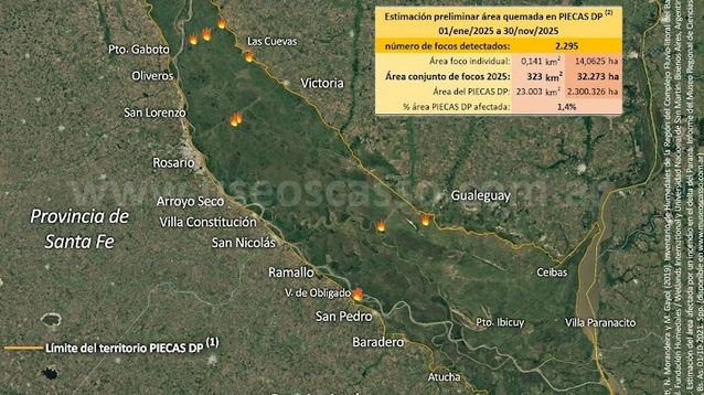 Incendios registrados en el delta del río Paraná.