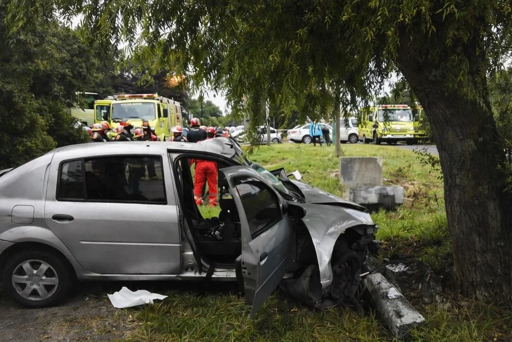 El Renault Logan terminó destrozado contra un árbol.