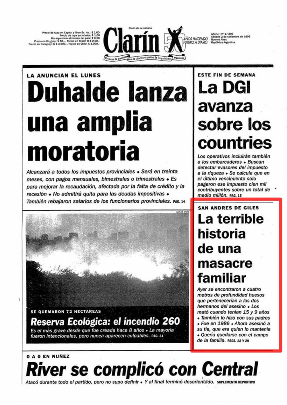 La portada de Clarín del 2 de septiembre de 1995.