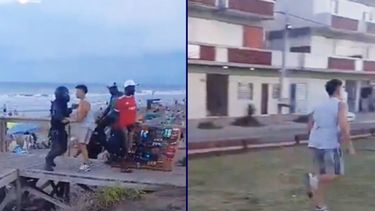Dos momentos de la secuencia en la que el joven detenido se suelta de la mano del policía y sale corriendo. (Captura de video)
