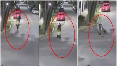 El ladrón se acercó sigilosamente a la víctima, la pateó por la espalda y se abalanzó sobre sus pertenencias. (Imagen de video)