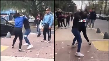Dos chicas se pelearon a la salida de la escuela y el padre de una de ellas alentó a su hija y dirigió la gresca. (X/@24conurbano)