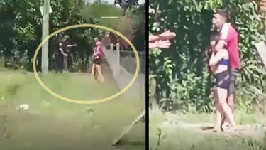 El momento más tenso del robo en Moreno, cuando uno de los ladrones tomó a una niña de rehén. (Captura de Video/X)