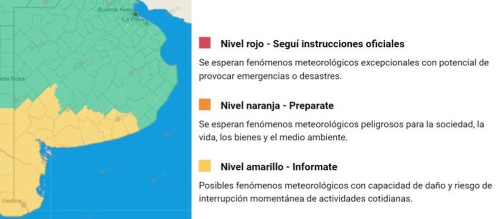 El área afectada por los fuertes vientos en el sur bonaerense. (SMN)