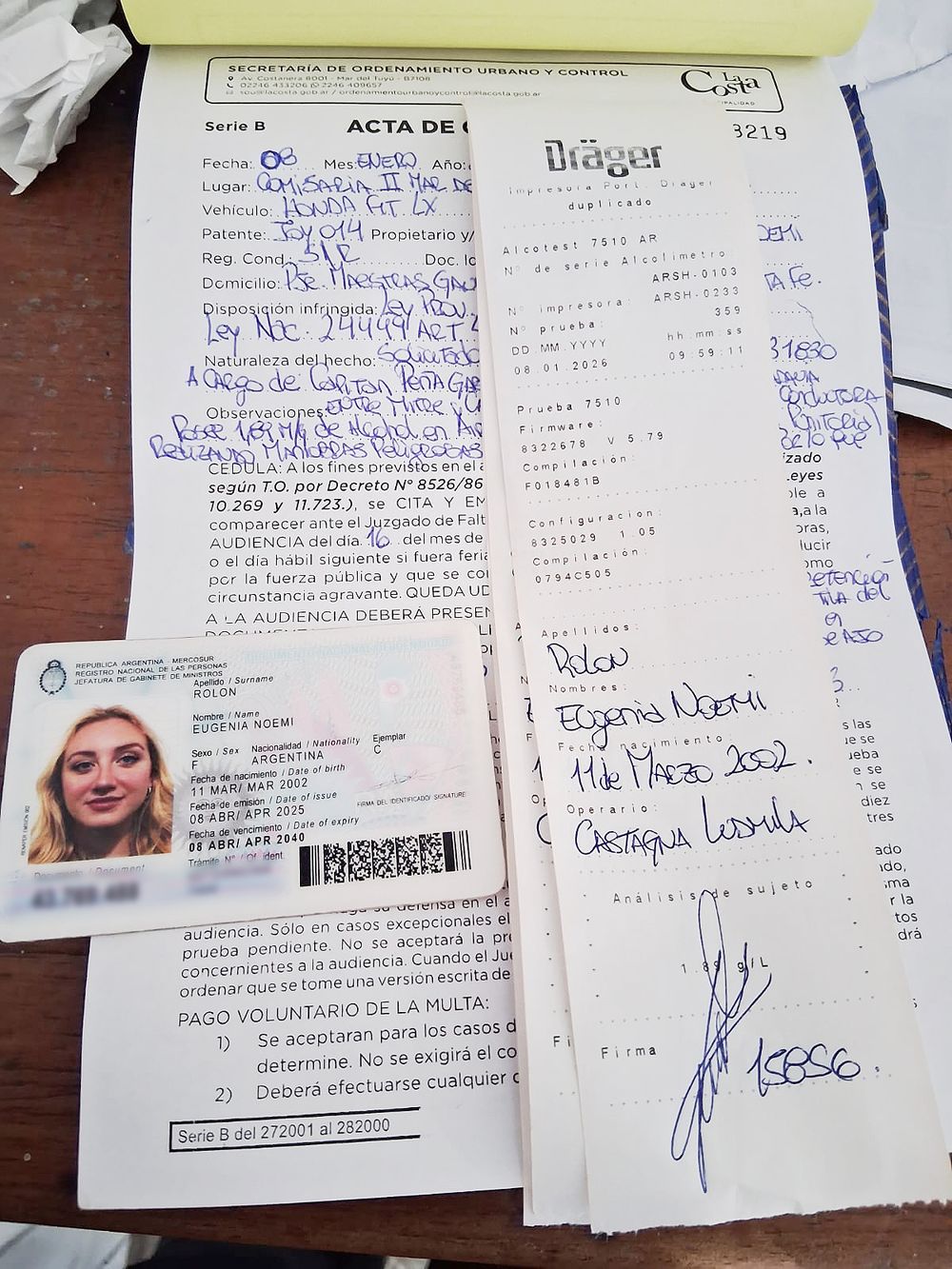 El acta con la actuación policial a raíz del indicente que protagonizó Rolón.&nbsp;