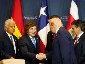 Milei y Trump en el lanzamiento del Escudo de las Américas.&nbsp;