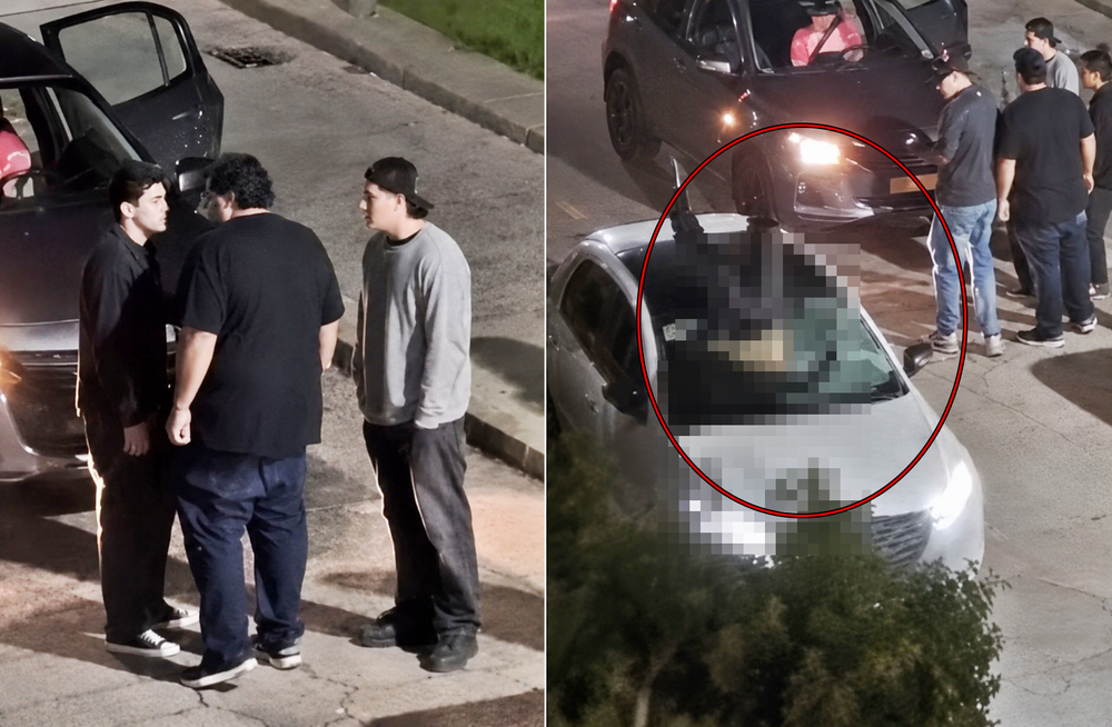 Dos momentos del entredicho que terminó en un empujón y un joven atropellado, captados en un video. (Imágenes mejoradas con IA)&nbsp;