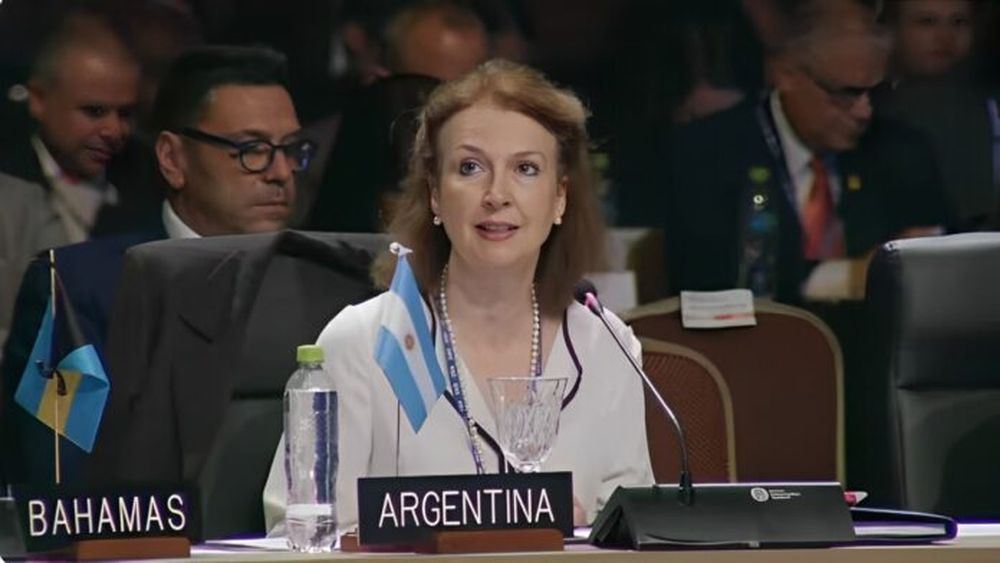 La canciller Diana Mondino en la Asamblea General de la OEA en Paraguay. (Captura de video)