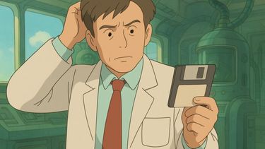 Un científico del futuro, atónito frente a un disquete. (ChatGPT)