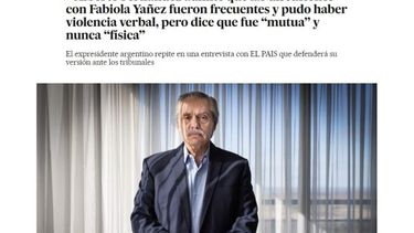 Título y foto de la entrevista que le dio el expresidente, Alberto Fernández, al diario El País de España. (Captura de imagen web)