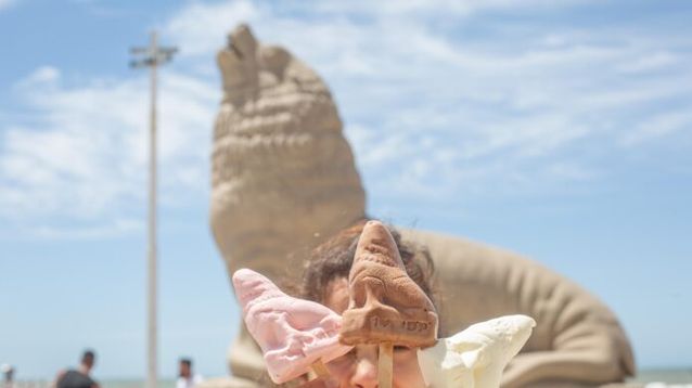 La heladería artesanal Ibiza, lanzó el llamado Palito lobo, un helado con la silueta del Monumento al Lobo Marino de La Rambla. Crédito Télam