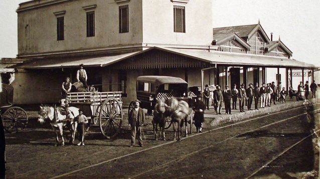 La estación de Chascomús, hacia 1873, cuando todavía era punta de rieles.